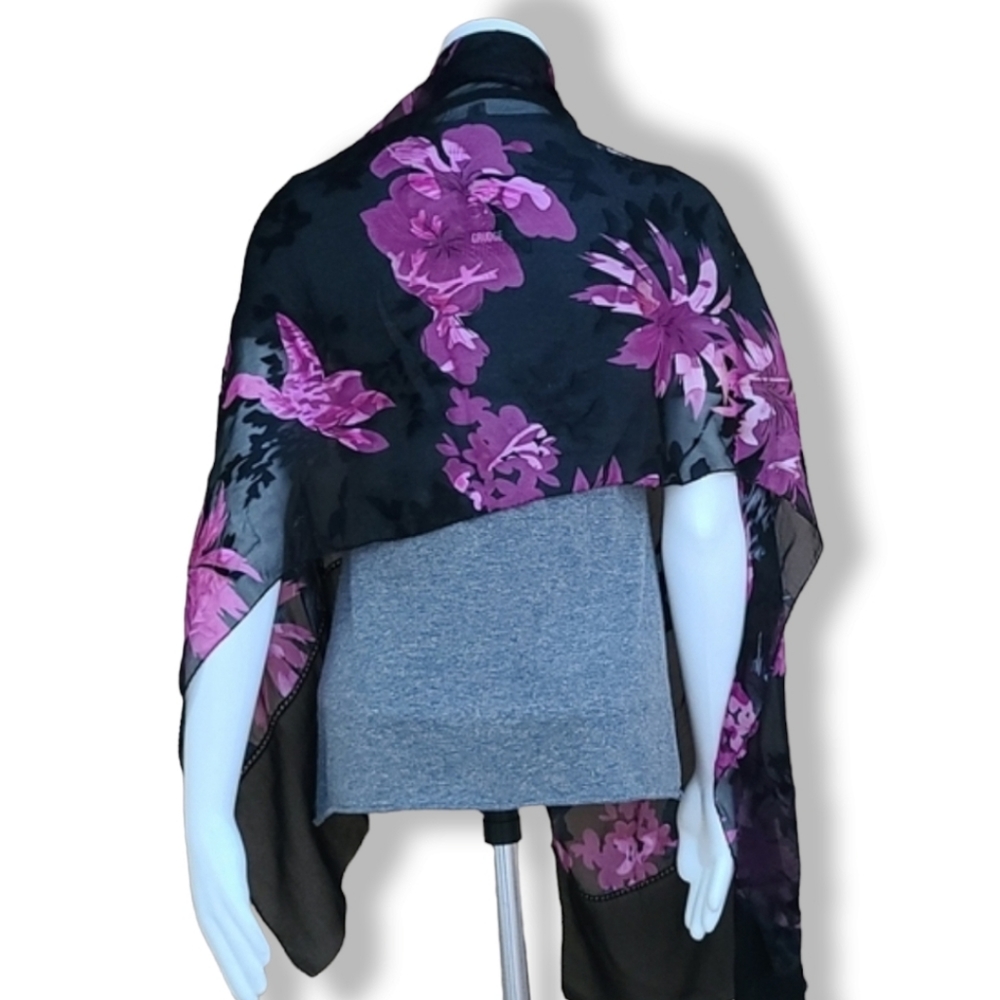 EGYPT Black Purple Floral Rectangular Scarf Semi Sheer Burnout Wrap Shayla Hijab - Picture 9 of 16